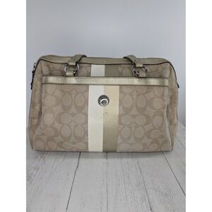 Coach Heritage Stripe Satchel Khaki Gold Signature Canvas Bag F14478